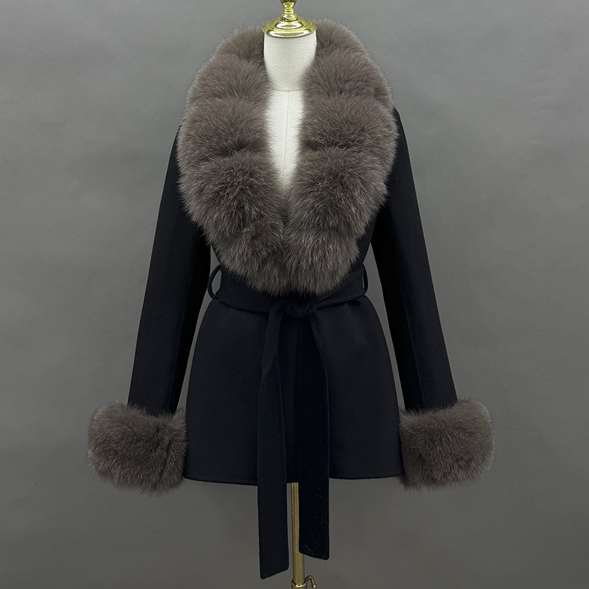 Wool Coat Peacoat - JANEFUR 2026 Gerçek Tilki Kürkü Yaka